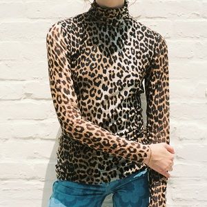 GANNI Leopard Print Mesh Rollneck Top